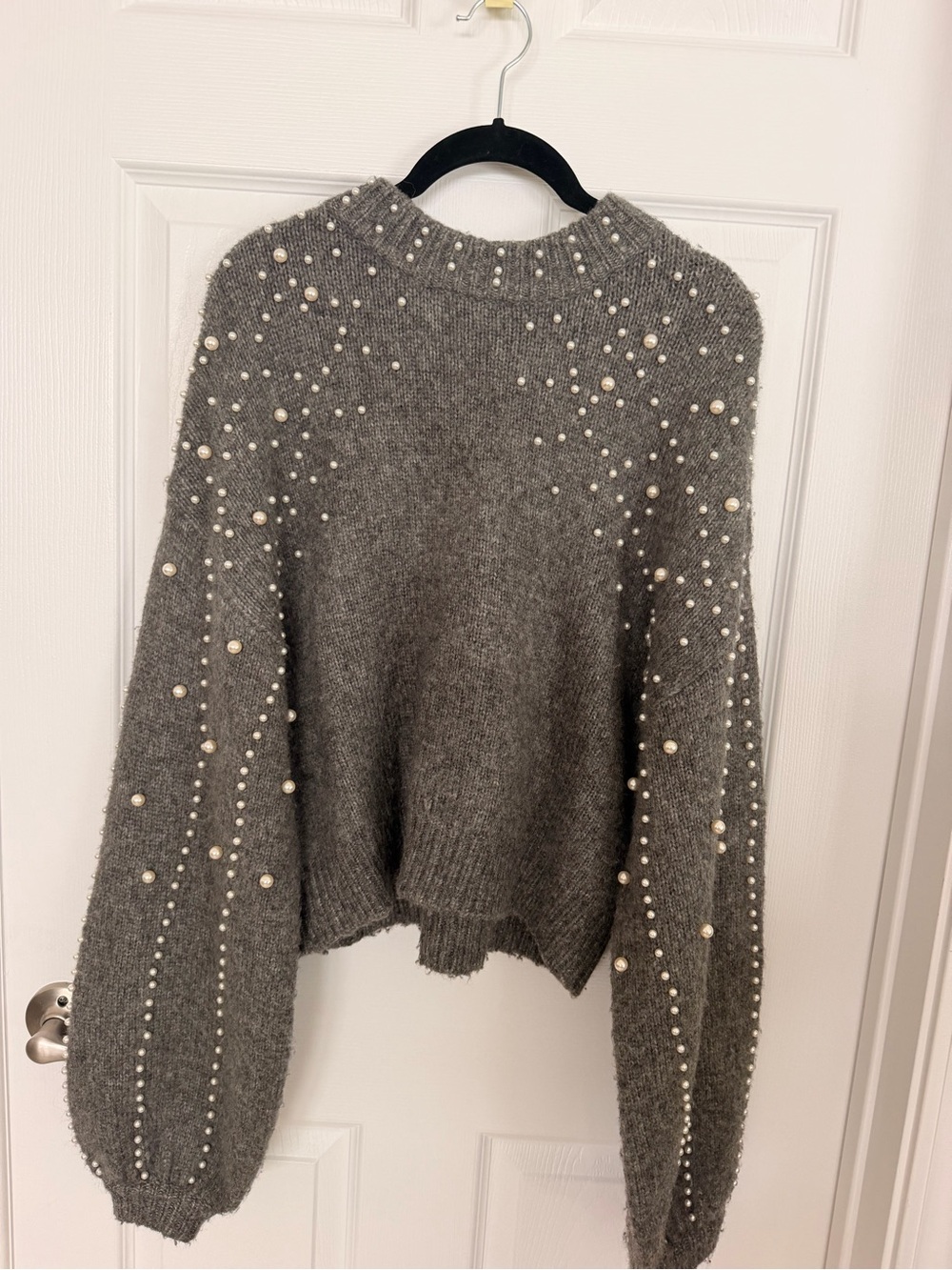 Zara Grey Pearl-Embellished Crew Sweater
